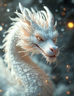 The primary subject of the image is a white dragon with a ferocious expression. The dragon is the main focus of the image, and it appears to be in a menacing pose. The setting is a dark background, which contrasts with the white dragon, creating a dramatic effect. The visual style of the image is digital art, as it is a detailed and intricate illustration of the dragon. The colors and mood of the image are predominantly dark, with the white dragon standing out as the